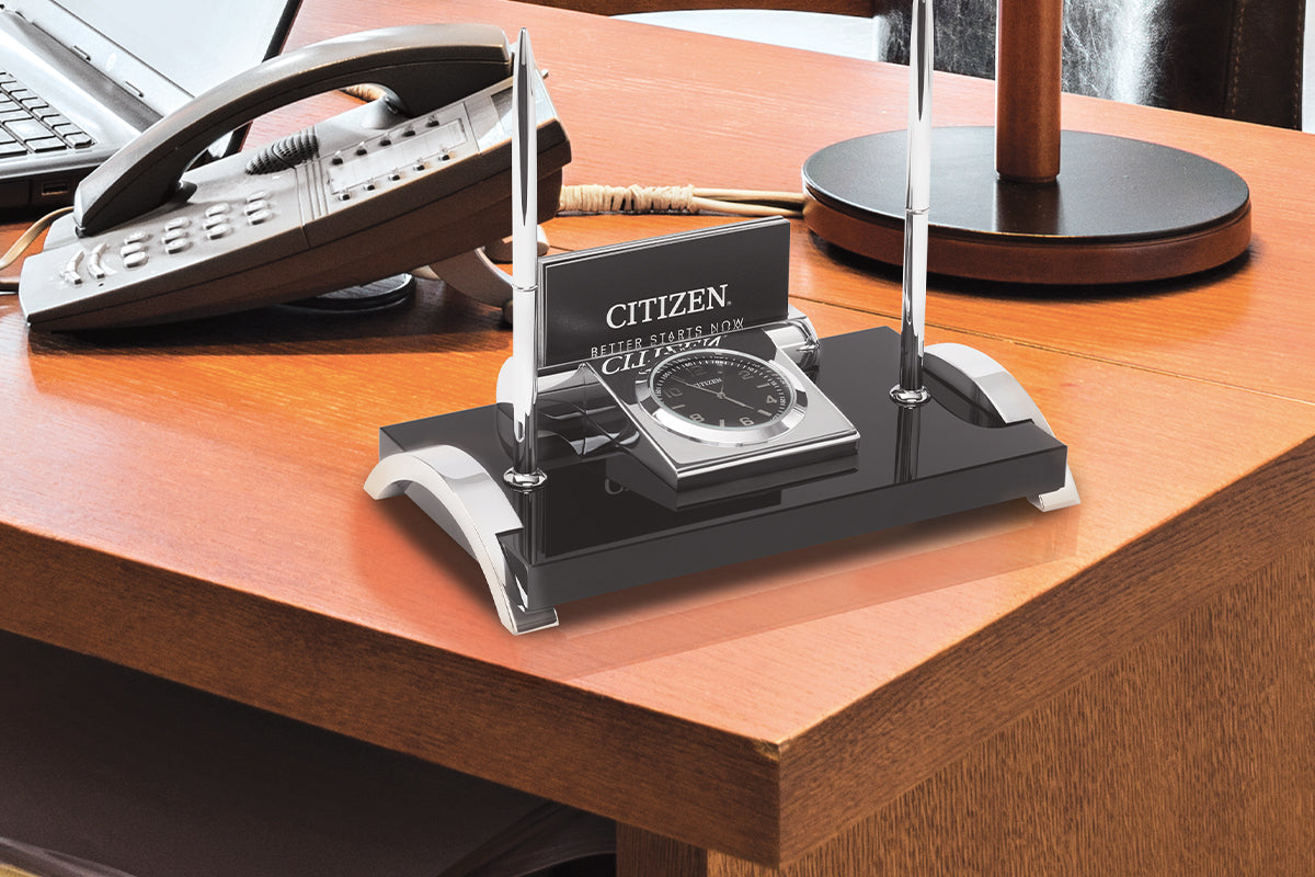 Executive Collection Dual Pen Stand With Clock and Business Card Holder by  Citizen